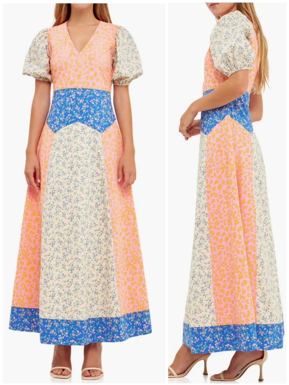 English Factory Floral Mixed Print Patchwork Pink Blue Prairie Dress, M
